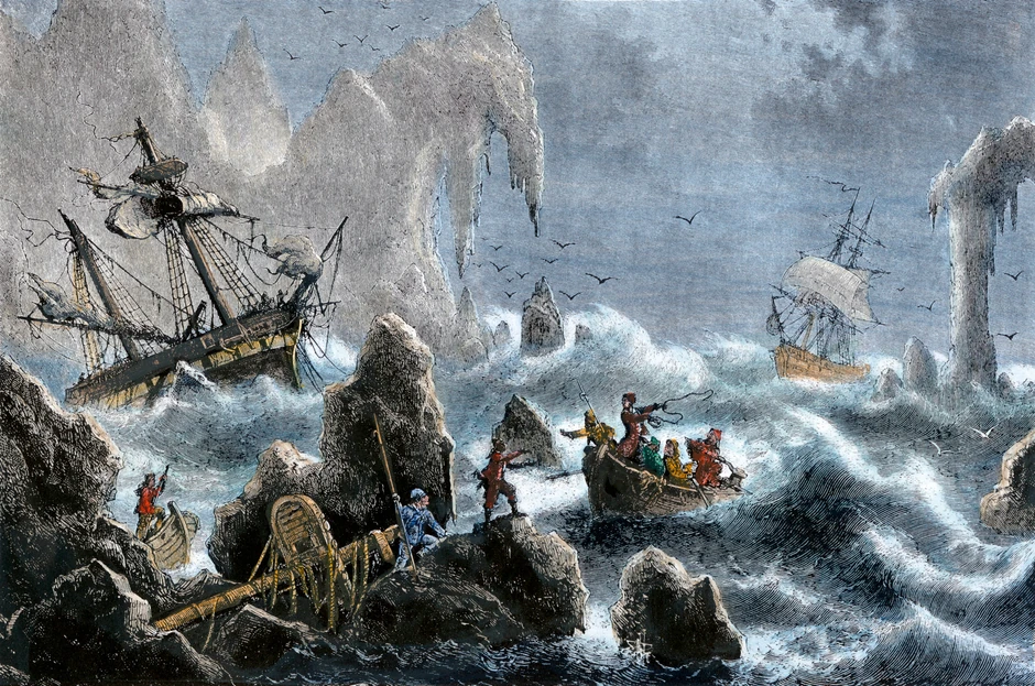 Brodolom ekspedicije Vitusa Beringa kod Aleutskih ostrva na ilustraciji iz 19. veka