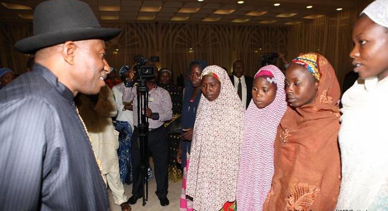 President Goodluck Jonathan met with some of the girls that escaped in July 2014 [Wole Emmanuel/AFP/Getty]