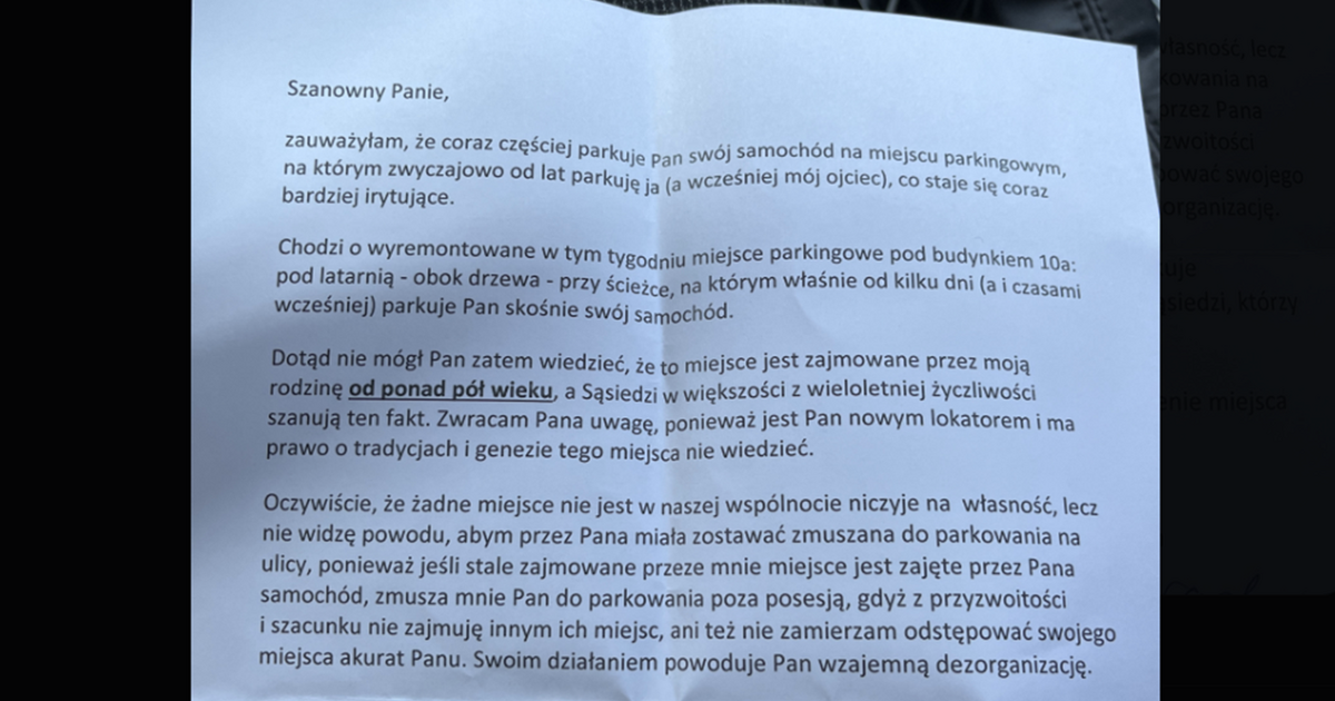  Pan Artur tylko zaparkował pod blokiem. Pokazał list, jaki dostał od sąsiadki