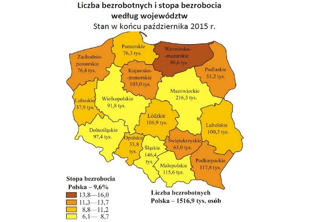 Liczba bezrobotnych i stopa bezrobocia według województw - mapa, źródło: GUS