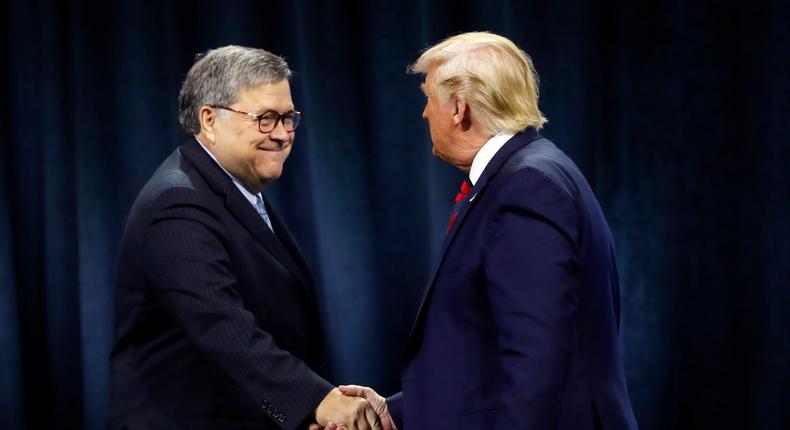 FILE - In this Oct. 28, 2019, file photo, President Donald Trump shakes hands with Attorney General William Barr before Trump signed an executive order creating a commission to study law enforcement and justice at the International Association of Chiefs of Police Convention in Chicago. Attorney General William Barr took a public swipe Thursday at President Donald Trump, saying that the presidents tweets about Justice Department prosecutors and cases make it impossible for me to do my job.  Barr made the comment during an interview with ABC News just days after the Justice Department overruled its own prosecutors. they had initially recommended in a court filing that President Donald Trumps longtime ally and confidant Roger Stone be sentenced to 7 to 9 years in prison. But the next day, the Justice Department took the extraordinary step of lowering the amount of prison time it would seek for Stone.  (AP Photo/Charles Rex Arbogast, File)