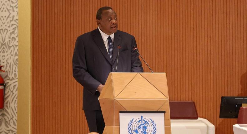 President Uhuru Kenyatta speaking at the World Health Assembly  in Geneva, Switzerland