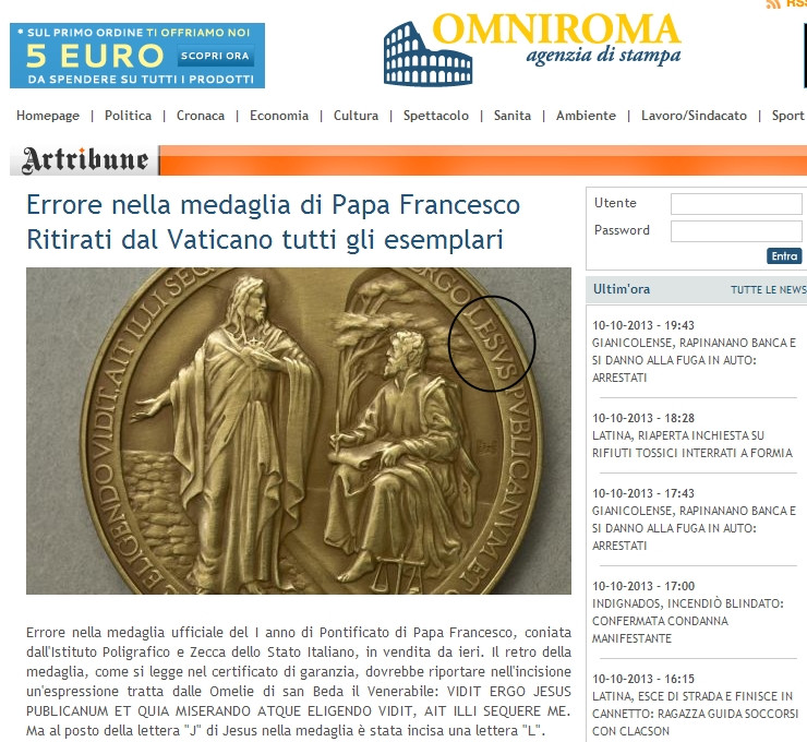 Na medalu wybito słowo "Lesus". Zdjęcie zamieścił włoski serwis omniroma.it.