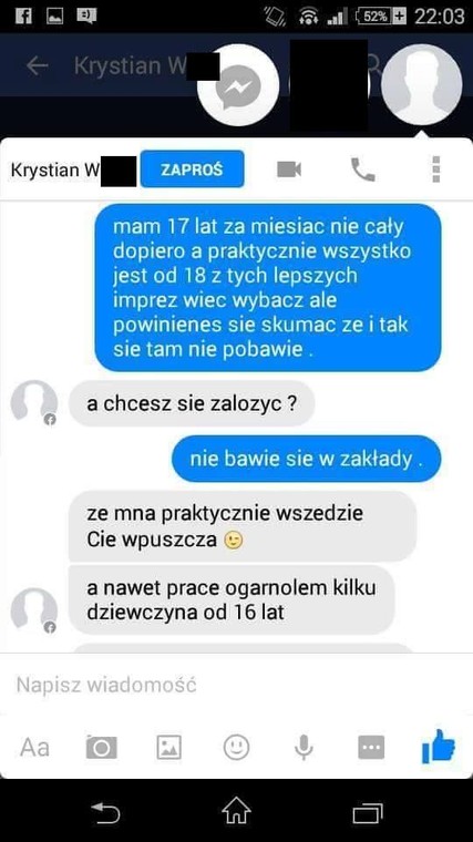 Konwersacja "Krystka" z nastolatką