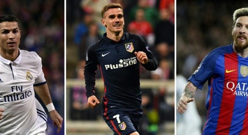 Cristiano Ronaldo (left), Antoine Griezmann and Lionel Messi will battle it out for the accolade of world player of the year