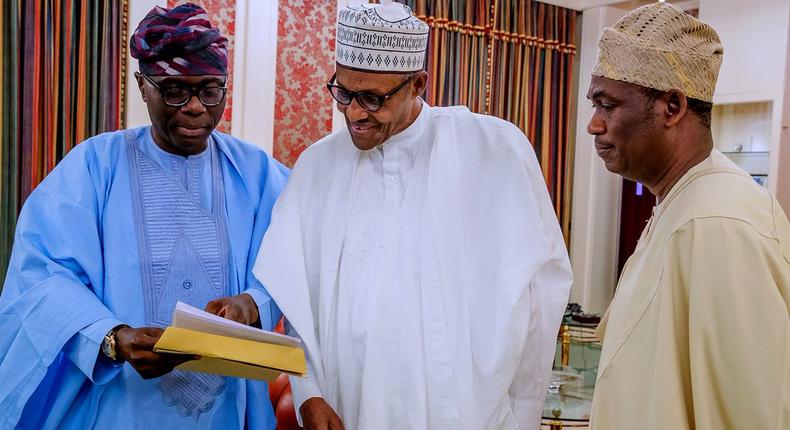 L-R: Babajide Sanwo-Olu, President Muhammadu Buhari and Obafemi Hamzat