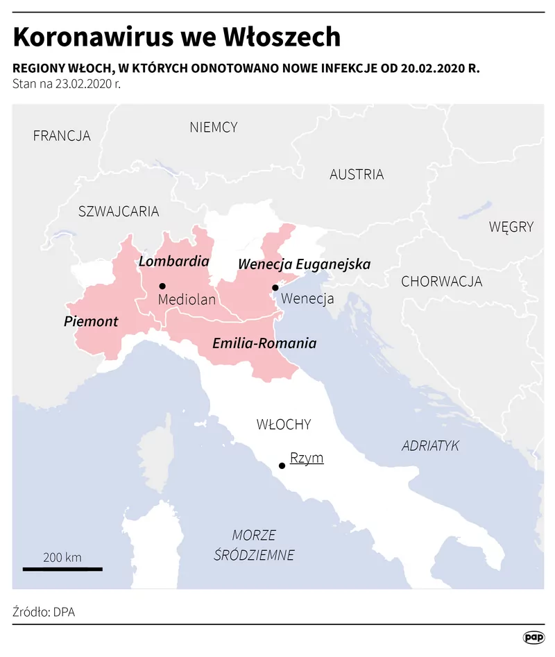 Regiony Włochy, gdzie zanotowano większość zachorowań na koronawirusa