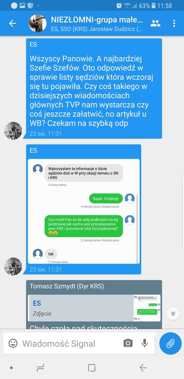 Screen z czatu "Niezłomni" na Signalu