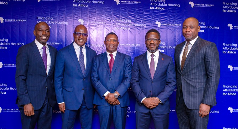 L-R:: Ag. Managing Director, FCMB Capital Markets Limited, Abimbola Kasim; Managing Director, FSDH Capital Limited, Tolu Osinibi; Ag. Managing Director, Shelter Afrique, Kingsley Muwowo; Managing Director, Investment Banking, United Capital Plc, Gbadebo Adenrele, and Taiwo Olatunji, formerly of FSDH Capital during the Signing Ceremony & Press Conference announcing the 46billion Bond Issuance for Shelter Afrique, Financing Affordable Housing for Africa in Lagos ... On Monday. Photo:  Shelter Afrique