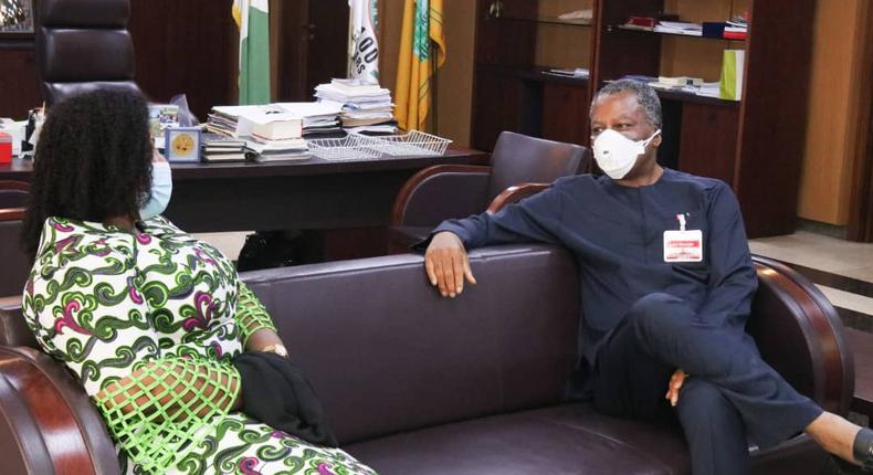 Ms Ms Iva Denoo, Charge d Affaires of Ghana to Nigeria, and Geoffrey Onyeama, Nigeria's Minister of Foreign Affairs, on Monday in Abuja. [Twitter/@GeoffreyOnyeama]