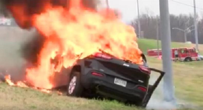 The burning car