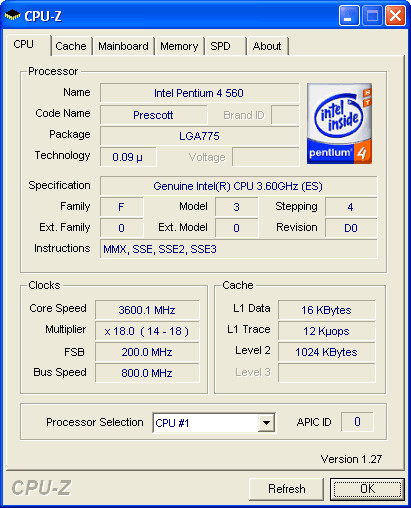 Typowy Pentium 4 560 bez 64-bitowych rozszerzeń. Układ ma "tylko" 1024 kB pamięci cache L2