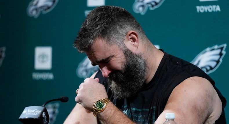 During his retirement announcement press conference, Jason Kelce wore a gold Rolex that was commissioned after the Philadelphia Eagles' 2018 Super Bowl win.AP Photo/Matt Rourke