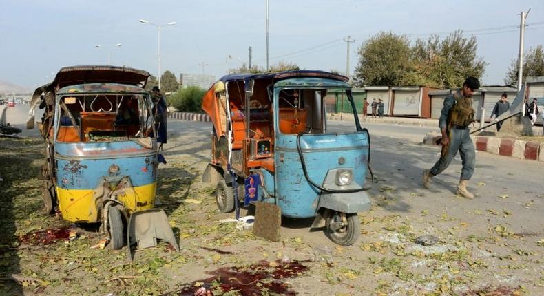 Rickshaws damaged in an explosion in Jalalabad on November 25, 2016
