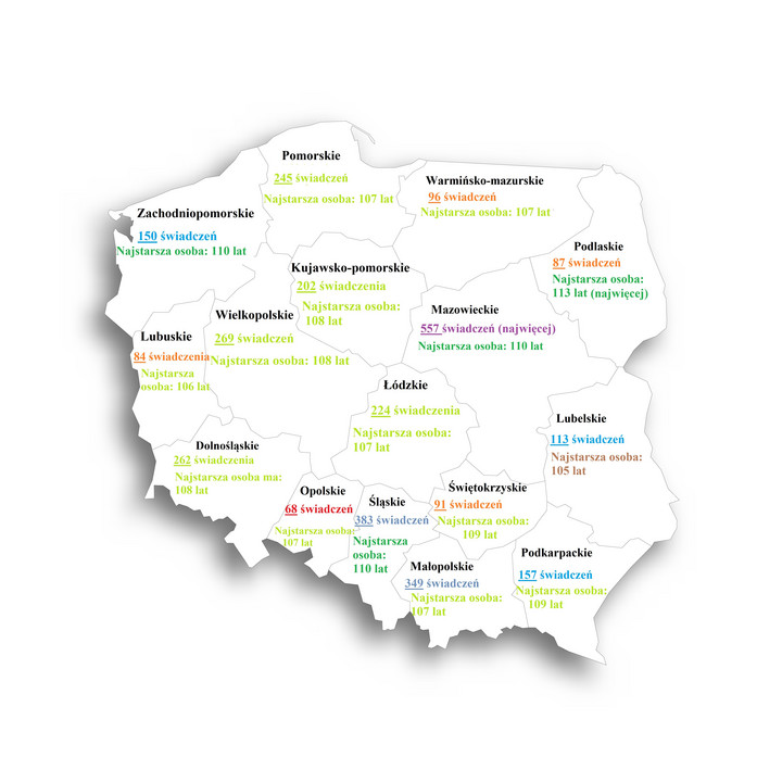 Gdzie jest najwięcej stulatków w Polsce? (Szablon mapy Polski: Shutterstock, autor - Pyty. Autorka grafiki - Karolina Gomoła)