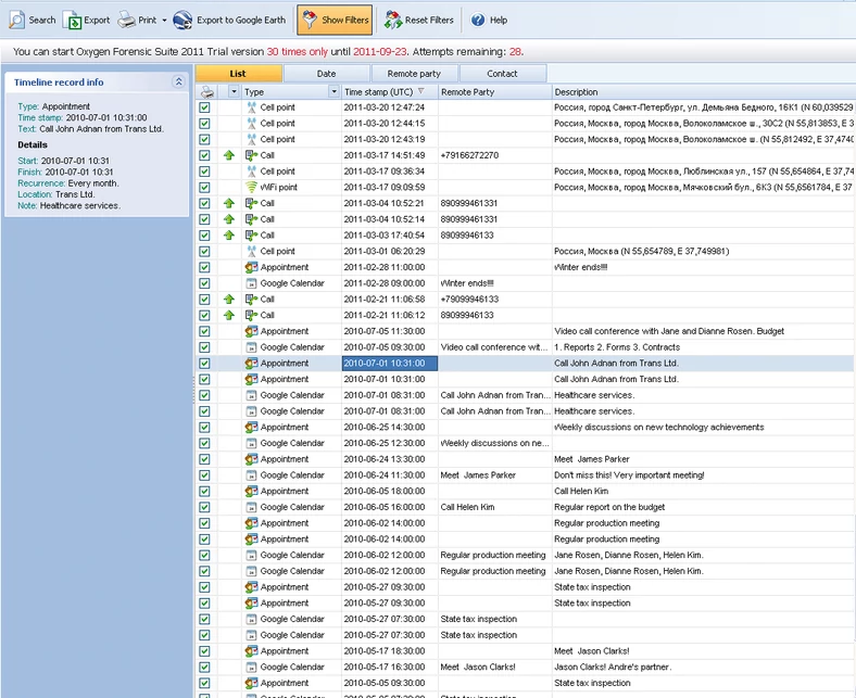 Za pomocą 30-dniowej wersji Oxygen Forensic Software Suite można łatwo uzyskać dostęp do takich danych, jak godziny połączeń ze stacjami bazowymi GSM i lokalizacji tych nadajników, a także wykorzystywanych punktów dostępu Wi-Fi.