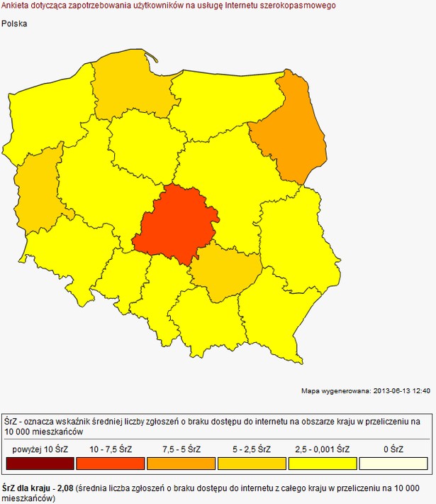 Mapa zapotrzebowania na internet - źródło: UKE