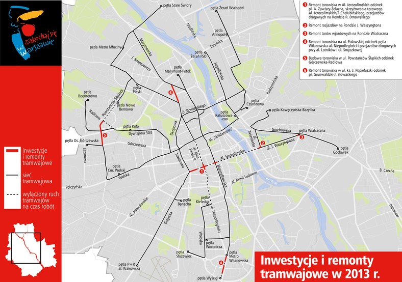 Inwestycje i remonty tramwajowe w 2013 r. w Warszawie. Materiały prasowe Urzędu Miasta St. Warszawy