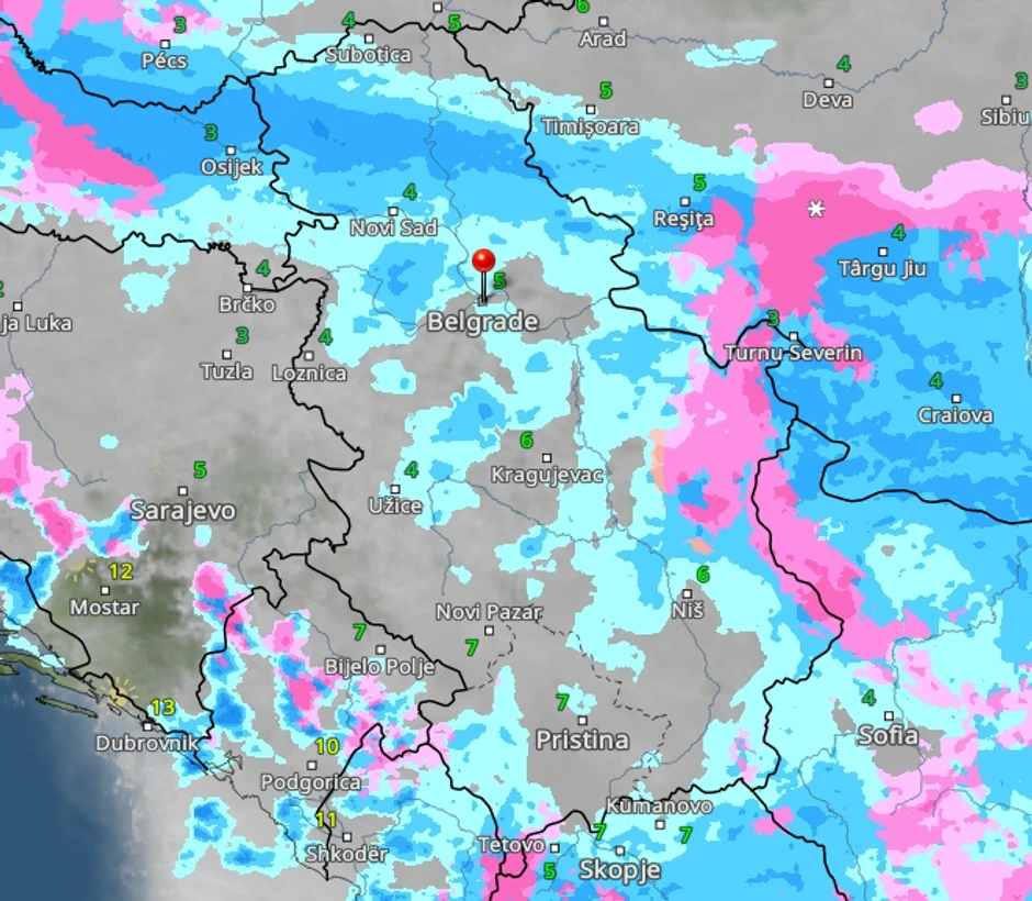 Kretanje kiše i snega sutra u 13 časova