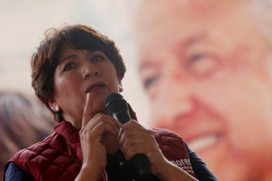 Delfina Gomez of the National Regeneration Movement (MORENA), candidate for the governor of the State of Mexico, addresses the audience during her electoral campaign in Metepec