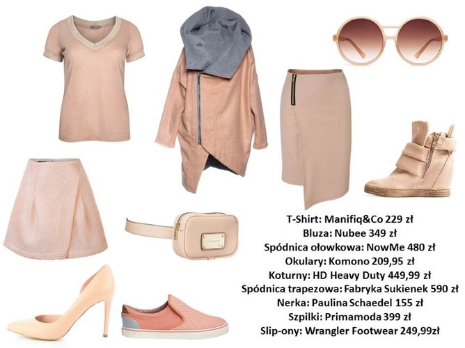 Ubrania i dodatki w różnych odcieniach koloru nude