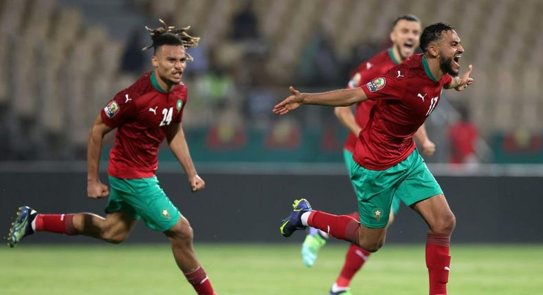 Morocco midfielder Sofiane Boufal (R) celebrates scoring the only goal of an Africa Cup of Nations Group C match against Ghana Creator: Kenzo Tribouillard