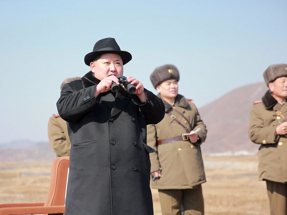 North Korean leader Kim Jong Un inspects a flight drill of fighter pilots from the Korean People's Army's (KPA) Air and Anti-Air Force, in this undated photo released by North Korea's Korean Central News Agency (KCNA) on February 21, 2016.