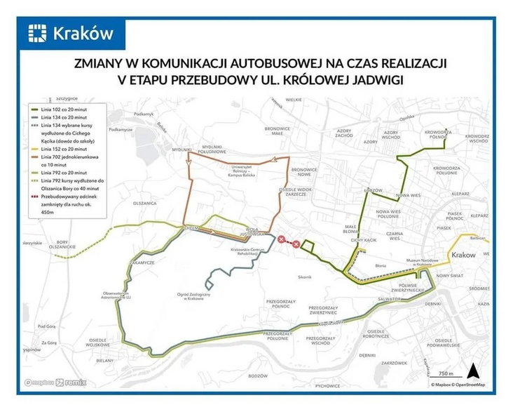 Propozycja funkcjonowania komunikacji miejskiej w Woli Justowskiej na czas zamknięcia ul. Królowej Jadwigi, która padła na spotkaniu z mieszkańcami 13 września