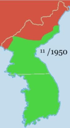 W październiku i listopadzie 1950 roku Amerykanie (kolor zielony) świętowali swój oszałamiający sukces… zupełnie zapominając o tym, jak szybko fortuna może się od nich odwrócić 