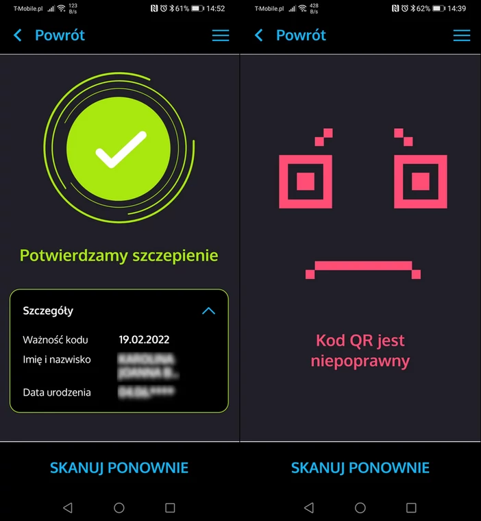 Polska aplikacja do weryfikacji szczepień - po lewej skanowanie kodu krajowego, po prawej - europejskiego