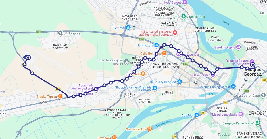 Trasa linije 72N u smeru od aerodroma Nikola Tesla