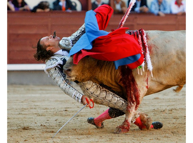 Fotografia autorstwa Gustavo Cuevasa z agencji EFE, która zajęła drugie miejsce w kategorii 'sport - zdjęcie pojedyncze'. Przedstawia Hiszpana Julio Aparicio ugodzonego przez byka podczas walki w Madrycie