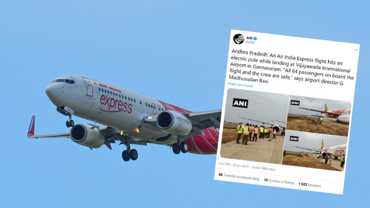 Indie, awaryjne lądowanie, Boeing 737 linii Air India Express uderzył w słup elektryczny podczas lądowania na lotnisku w Vijayawada w Indiach