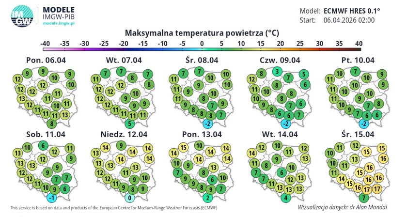 Prognoza na kwiecień 10 dni - maksymalne temperatura powietrza.