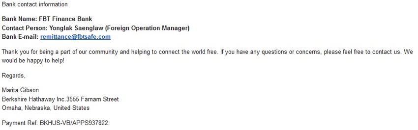 Pred kraj dužeg mejla navedeni su i "podaci" banke na Tajlandu