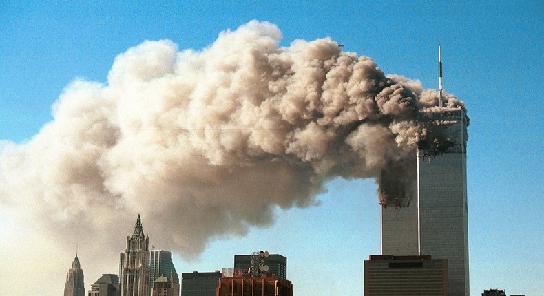 The Twin Towers up in smoke on September 11, 2001.
