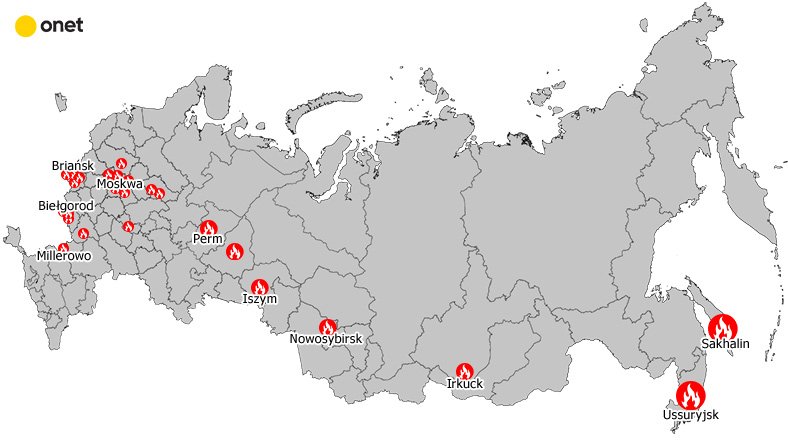 Mapa wybuchów i pożarów w Rosji w przeciągu ostatnich kilkunastu dni