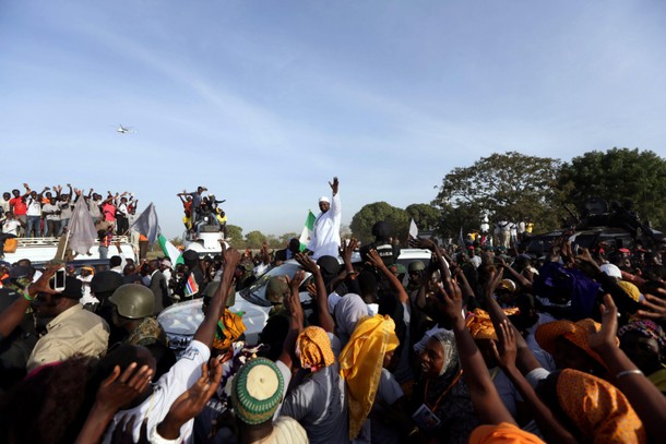 Gambia's President Adama Barrow, who was sworn in at the Gambian embassy in neighbouring Senegal, gr