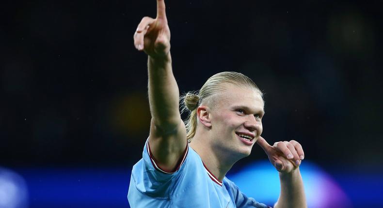 Erling Haaland of Manchester City celebrates scoring the opening goal Manchester City v FC Copenhagen on October 5, 2022.