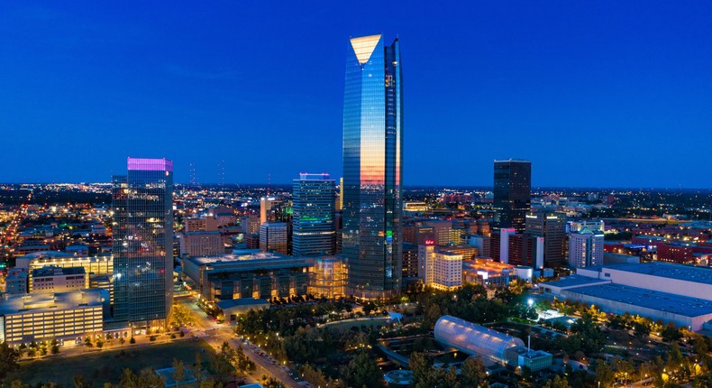 A night time view of downtown Oklahoma City.Getty Images.