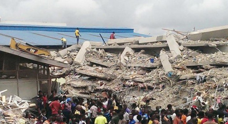 Rubble of the collapsed building at Synagogue Church Of All Nations in Lagos on Saturday