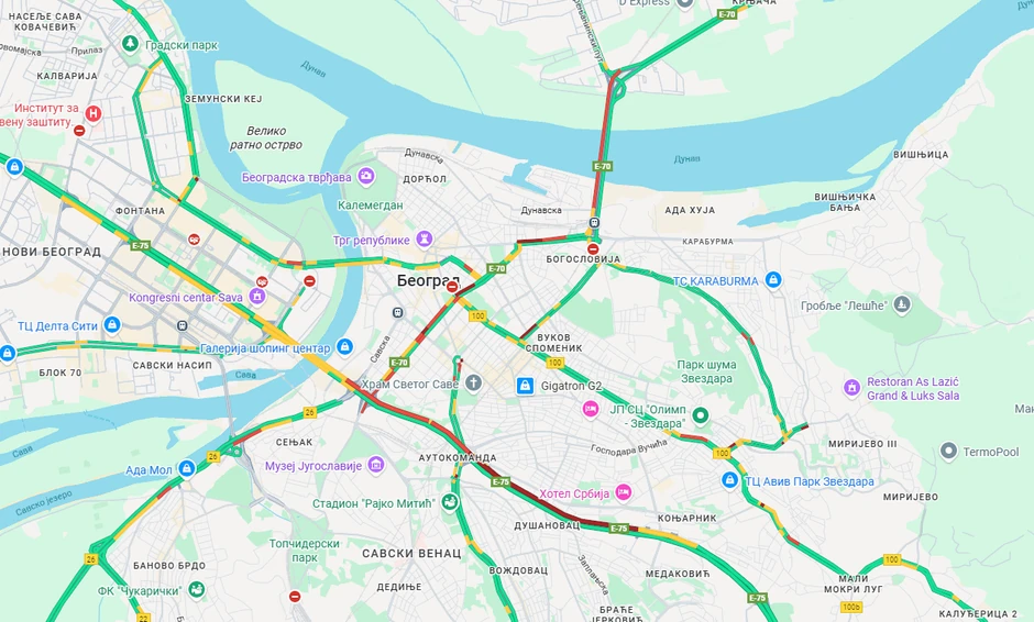 Mapa gužvi u Beogradu