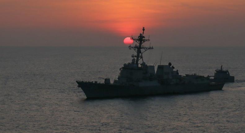 USS Mustin sails with a Guatemalan navy ship during an exercise in the Eastern Pacific Ocean, October 14, 2021.