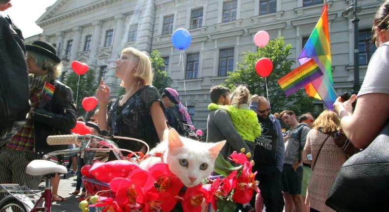 LGBT rights demonstrators gather in 2016, in Vilnius