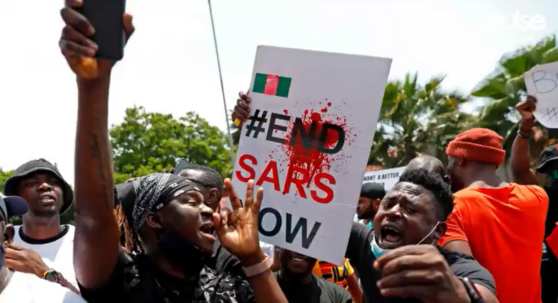 Nigerians living in South Africa protest in solidarity with youths back home protesting misgovernance and police brutality on Wednesday, Oct. 21, 2020 in Praetoria.  [Pulse]