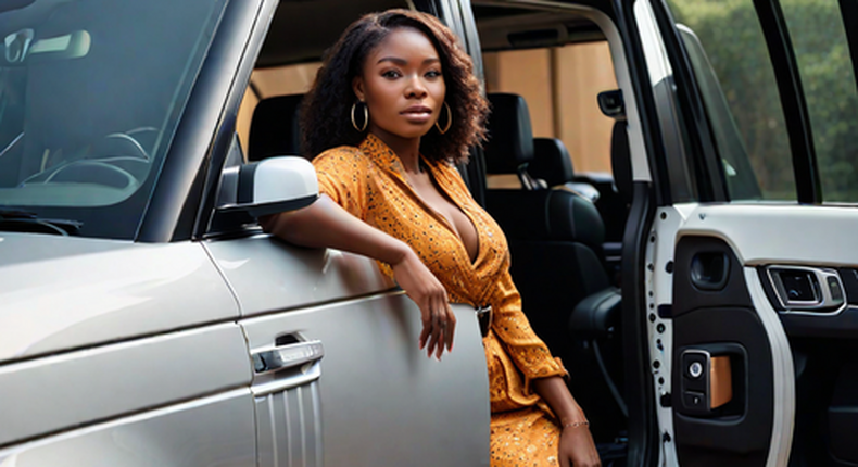 An AI-generated image of a very beautiful African lady coming out of a Range Rover