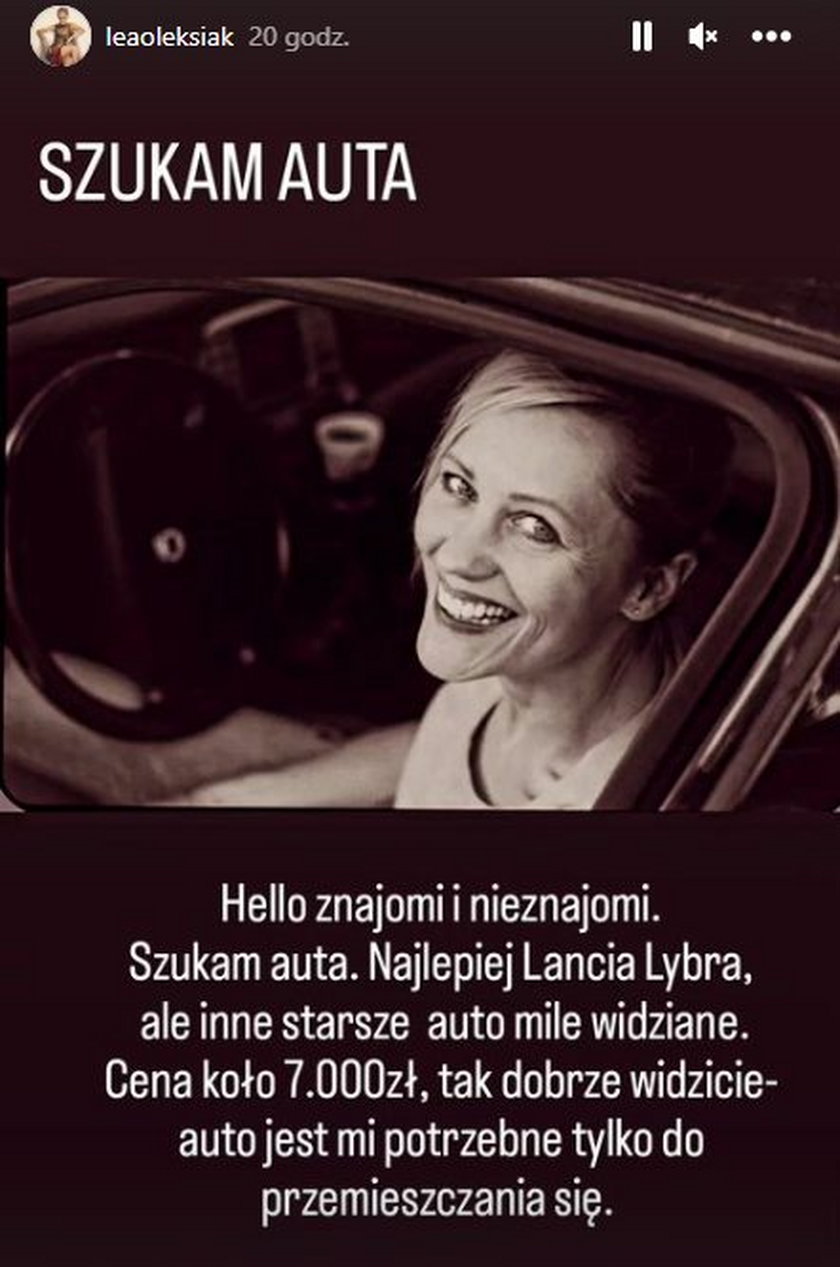 Lea Oleksiak zamieściła na Instagramie ogłoszenie, w którym szuka nowego samochodu.