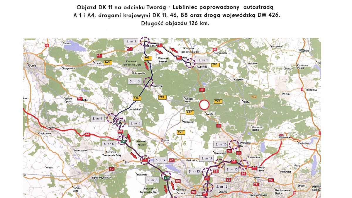 Gehenna kierowców jadących Drogą Krajową nr 11. Trwa remont drogi na odcinku Tworóg-Pusta Kuźnica. Generalna Dyrekcja Dróg Krajowych i Autostrad wyznaczyła objazdy - z Tarnowskich Gór do Lublińca pojedziemy ... przez Strzelce Opolskie. A to oznacza objazd na ponad sto kilometrów!