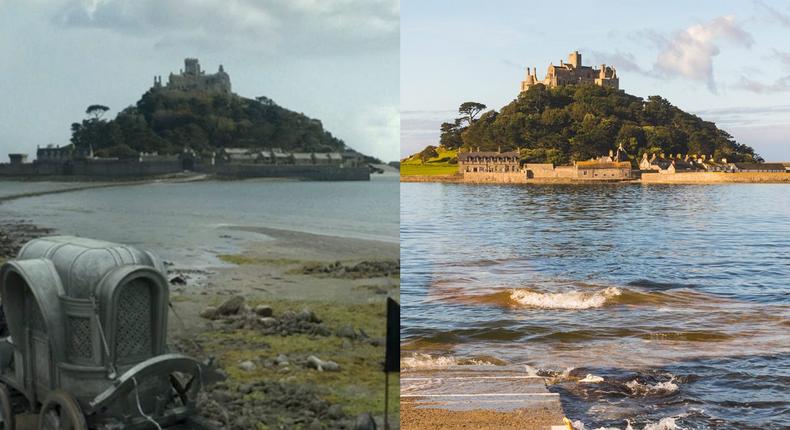 Driftmark (a castle named High Tide, to be specific) and the real St. Michael's Mount castle.HBO and Getty Images