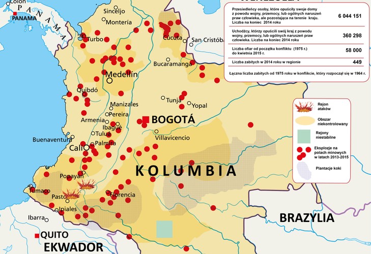 Kolumbijska wojna domowa to najdłużej trwający zbrojny konflikt na zachodniej półkuli. Działanie zbrojne w Kolumbii rozpoczęły się już w latach 60-tych ubiegłego stulecia. Stronami konfliktu są siły rządowe, lewicowi  partyzanci  zrzeszeni w organizacjach takich jak Rewolucyjne Siły Zbrojne Kolumbii (FARC) i Armia Wyzwolenia Narodowego (ELN) oraz prawicowe grupy paramilitarne. Przez ponad pół wieku ludność cywilna żyje w ciągłym strachu. Na obszarach będących  poza kontrolą państwa dziesiątki tysięcy cywilów zostało uprowadzonych, zginęło od min oraz ataków wszystkich stron konfliktu. Od 1964 roku wojna domowa w Kolumbii kosztowała już życie około 220 tysięcy ludzi (od 1975 r. 58 tys.), a ponad 6 mln zmusiła do opuszczenia swoich domów. W ubiegłym roku pojawiła się szansa na zakończenie, trwającego od ponad 50 lat, konfliktu. Strona rządowa podpisała porozumienie o zawieszeniu działań zbrojnych z dowództwem ultralewicowej partyzantki Rewolucyjne Siły Zbrojne Kolumbii (FARC). Po tym akcie Prezydent Juan Manuel Santos oświadczył, że 'Kolumbia jest na drodze do pokoju.'